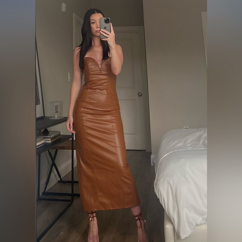Zara Brown Leather Midi Dress - Picture 2 of 4